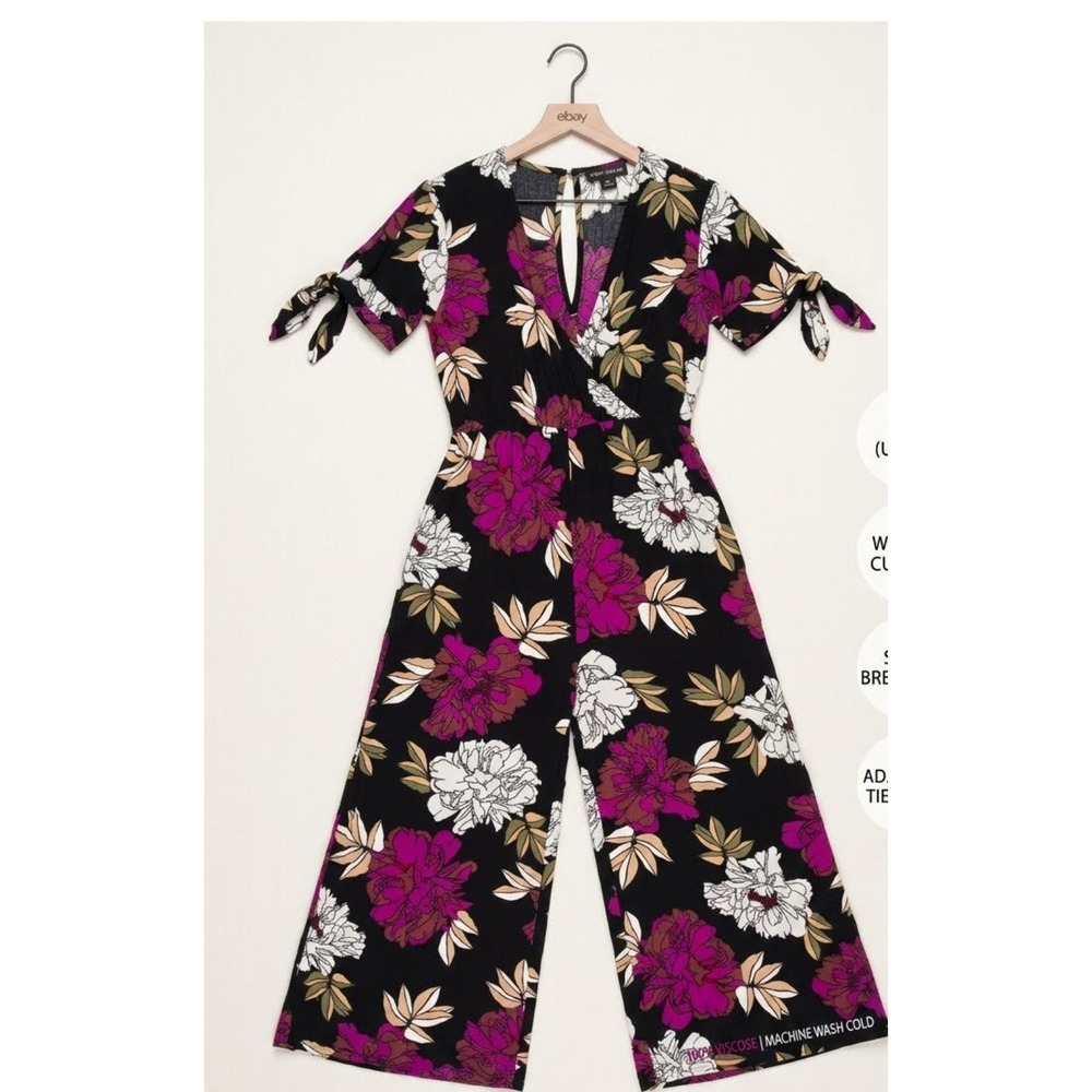 Retro Billabong Womens Floral‎ Wide Leg Jumpsuit Black Magenta Tropical V-Neck